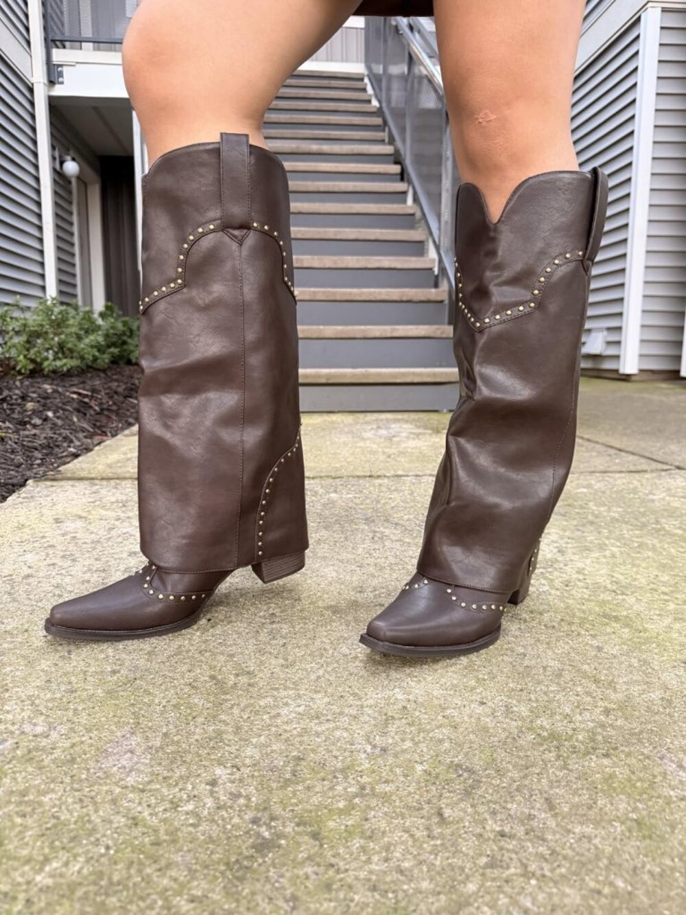 Women's Chocolate Polyurethane (PU) Studded Fold Over Knee High Chunky Heel Boot